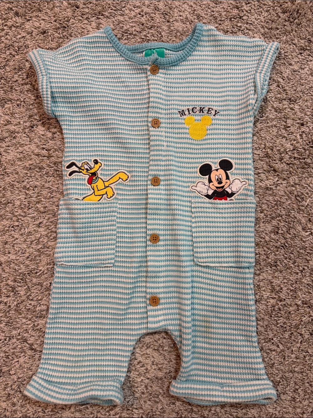 Disney Blue & White Striped Mickey and Pluto Short-Sleeve One-Piece size 24 M